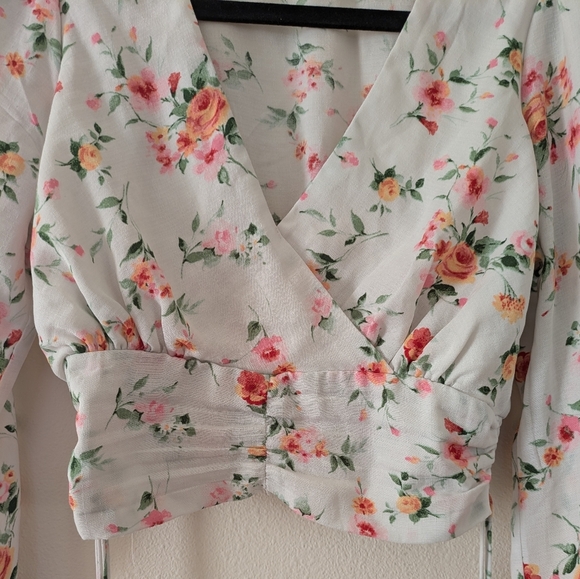 Meraki White Rose Floral Crop Top Long Sleeve Cinch Waist Women's sz S - Picture 8 of 9